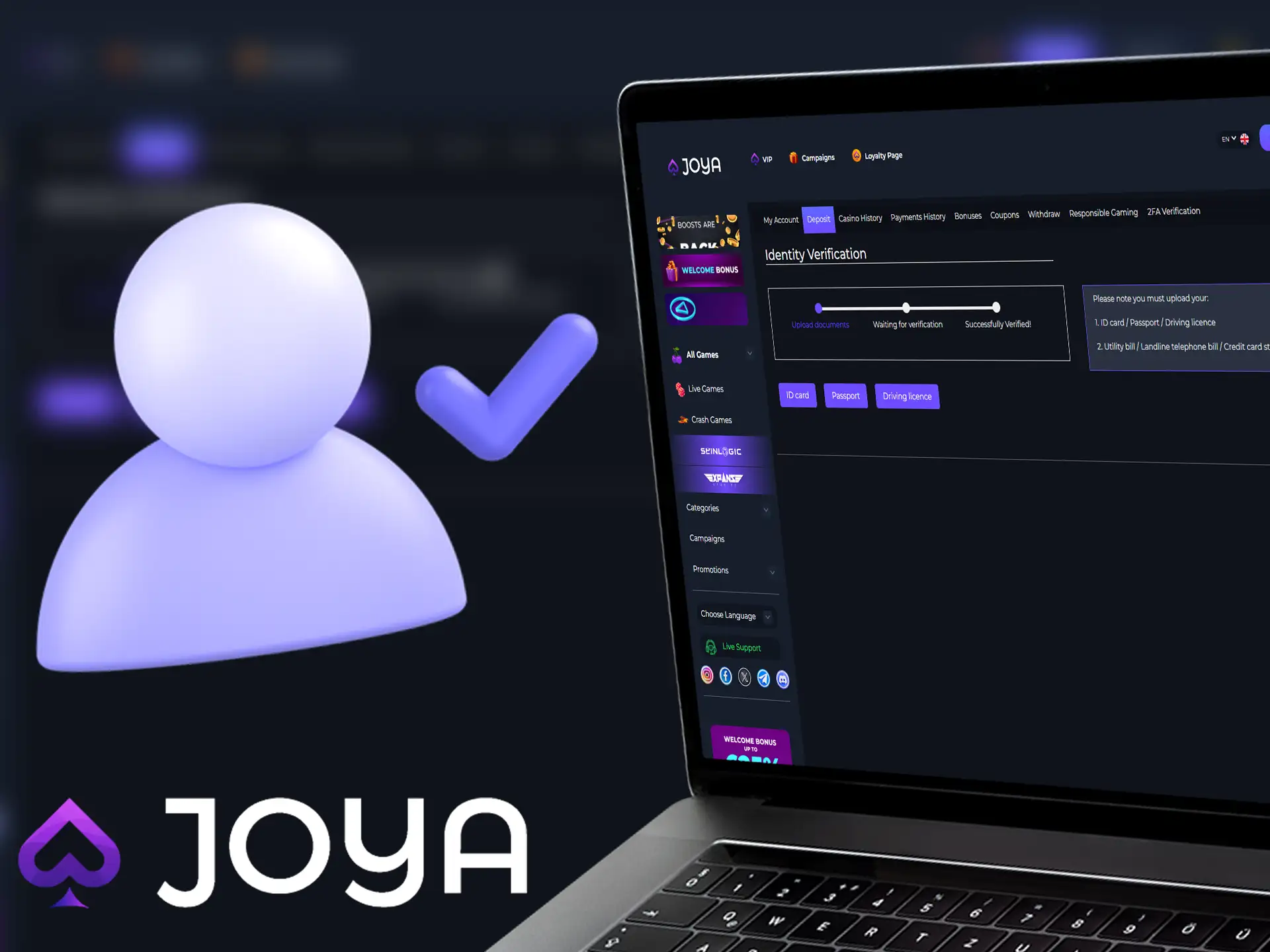 Joya Casino registration account verification.