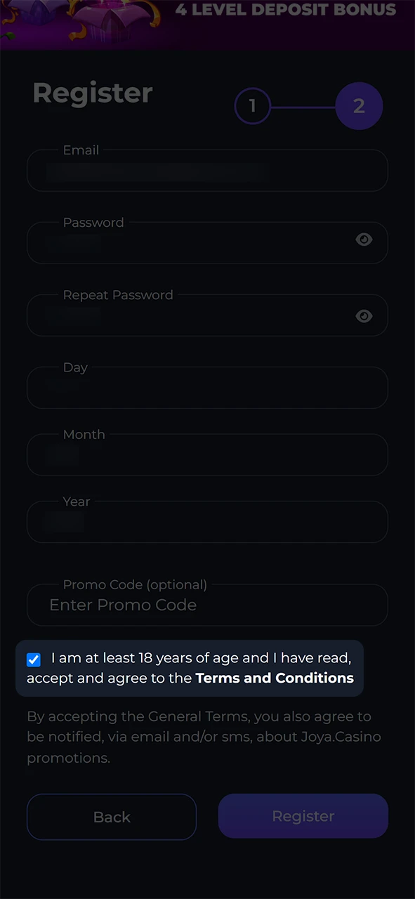 Accept the terms and conditions of the Joya Casino platform and confirm that you are 18 years of age or older.